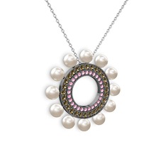 Velinda İnci Kolye - Inci, pembe kuvars ve dumanlı kuvars 925 ayar siyah rodyum kaplama gümüş kolye (40 cm beyaz altın rolo zincir) #15bwda9