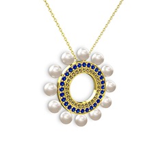 Velinda İnci Kolye - Inci, dumanlı kuvars ve lab safir 18 ayar altın kolye (40 cm altın rolo zincir) #15r117t