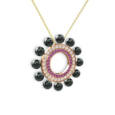 Velinda İnci Kolye - Siyah inci, ametist ve swarovski 8 ayar rose altın kolye (40 cm altın rolo zincir) #15rd72a