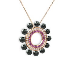 Siyah inci, ametist ve swarovski 14 ayar rose altın kolye (40 cm gümüş rolo zincir)