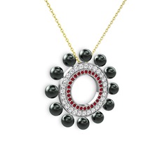 Siyah inci, garnet ve swarovski 14 ayar beyaz altın kolye (40 cm altın rolo zincir)