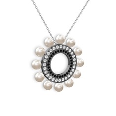 Velinda İnci Kolye - Inci, siyah zirkon ve swarovski 925 ayar siyah rodyum kaplama gümüş kolye (40 cm beyaz altın rolo zincir) #16sibws