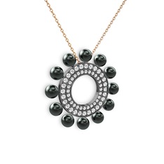 Velinda İnci Kolye - Siyah inci ve pırlanta 925 ayar siyah rodyum kaplama gümüş kolye (0.6664 karat, 40 cm rose altın rolo zincir) #174kac8