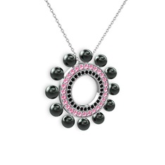 Velinda İnci Kolye - Siyah inci, siyah zirkon ve pembe kuvars 18 ayar beyaz altın kolye (40 cm beyaz altın rolo zincir) #177bsjd