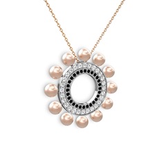 Pembe inci, siyah zirkon ve swarovski 18 ayar beyaz altın kolye (40 cm rose altın rolo zincir)