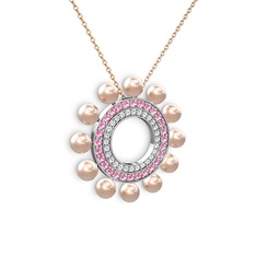 Velinda İnci Kolye - Pembe inci, swarovski ve pembe kuvars 18 ayar beyaz altın kolye (40 cm gümüş rolo zincir) #17p87id