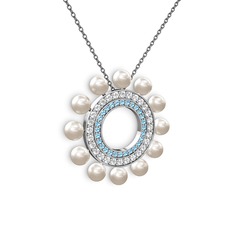 Inci, akuamarin ve swarovski 14 ayar beyaz altın kolye (40 cm gümüş rolo zincir)