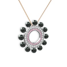 Siyah inci, pembe kuvars ve pırlanta 925 ayar gümüş kolye (0.2464 karat, 40 cm rose altın rolo zincir)