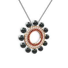 Siyah inci, garnet ve pırlanta 18 ayar rose altın kolye (0.2464 karat, 40 cm gümüş rolo zincir)