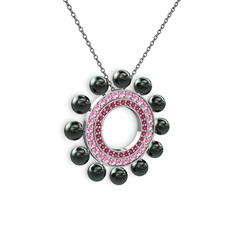 Velinda İnci Kolye - Siyah inci, rodolit garnet ve pembe kuvars 8 ayar beyaz altın kolye (40 cm gümüş rolo zincir) #17vci3a