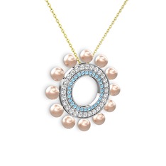 Velinda İnci Kolye - Pembe inci, akuamarin ve swarovski 14 ayar beyaz altın kolye (40 cm gümüş rolo zincir) #18ho4iy