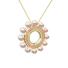 Pembe inci, pırlanta ve pembe kuvars 8 ayar altın kolye (0.42 karat, 40 cm gümüş rolo zincir)