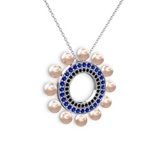 Velinda İnci Kolye - Pembe inci, siyah zirkon ve lab safir 18 ayar beyaz altın kolye (40 cm beyaz altın rolo zincir) #18mxek9