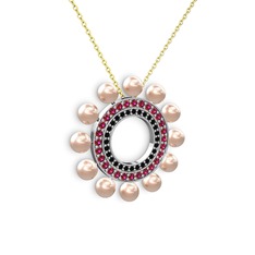 Velinda İnci Kolye - Pembe inci, siyah zirkon ve rodolit garnet 8 ayar beyaz altın kolye (40 cm altın rolo zincir) #191nf3w