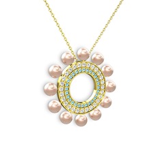 Velinda İnci Kolye - Pembe inci, akuamarin ve swarovski 14 ayar altın kolye (40 cm altın rolo zincir) #19cz06j