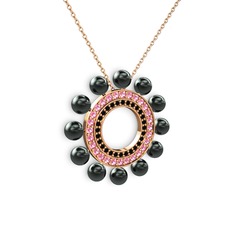 Velinda İnci Kolye - Siyah inci, siyah zirkon ve pembe kuvars 8 ayar rose altın kolye (40 cm rose altın rolo zincir) #19dk476