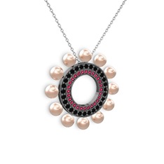 Velinda İnci Kolye - Pembe inci, rodolit garnet ve siyah zirkon 925 ayar siyah rodyum kaplama gümüş kolye (40 cm beyaz altın rolo zincir) #1aqpzz4