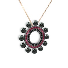 Velinda İnci Kolye - Siyah inci, siyah zirkon ve rodolit garnet 925 ayar siyah rodyum kaplama gümüş kolye (40 cm gümüş rolo zincir) #1aqrzom