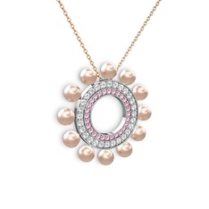 Velinda İnci Kolye - Pembe inci, pembe kuvars ve pırlanta 8 ayar beyaz altın kolye (0.2464 karat, 40 cm rose altın rolo zincir) #1au9q10