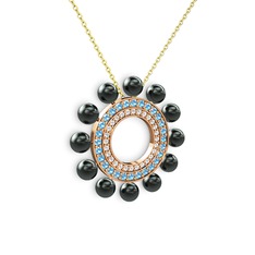 Velinda İnci Kolye - Siyah inci, swarovski ve akuamarin 8 ayar rose altın kolye (40 cm gümüş rolo zincir) #1aurlbb