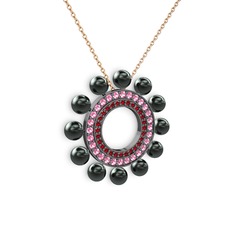 Velinda İnci Kolye - Siyah inci, garnet ve pembe kuvars 925 ayar siyah rodyum kaplama gümüş kolye (40 cm rose altın rolo zincir) #1az06wh
