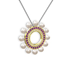 Velinda İnci Kolye - Inci, pırlanta ve ametist 14 ayar altın kolye (0.42 karat, 40 cm gümüş rolo zincir) #1b1eoh0