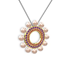 Pembe inci, rodolit garnet ve ametist 18 ayar altın kolye (40 cm gümüş rolo zincir)
