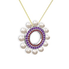 Velinda İnci Kolye - Inci, garnet ve ametist 18 ayar beyaz altın kolye (40 cm altın rolo zincir) #1c01fro