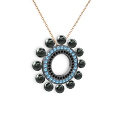 Velinda İnci Kolye - Siyah inci, siyah zirkon ve akuamarin 925 ayar siyah rodyum kaplama gümüş kolye (40 cm gümüş rolo zincir) #1c4775x