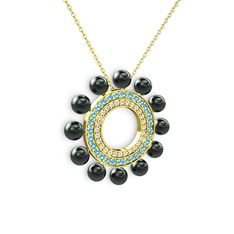 Siyah inci, swarovski ve akuamarin 925 ayar altın kaplama gümüş kolye (40 cm gümüş rolo zincir)