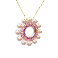 Pembe inci, ametist ve pembe kuvars 925 ayar rose altın kaplama gümüş kolye (40 cm altın rolo zincir)