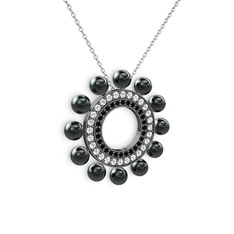 Velinda İnci Kolye - Siyah inci, siyah zirkon ve swarovski 925 ayar siyah rodyum kaplama gümüş kolye (40 cm beyaz altın rolo zincir) #1cq70mu