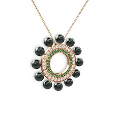 Siyah inci, yeşil kuvars ve swarovski 8 ayar rose altın kolye (40 cm rose altın rolo zincir)