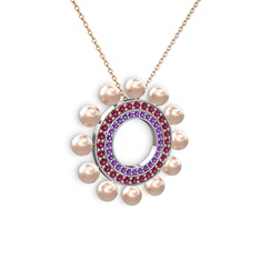 Velinda İnci Kolye - Pembe inci, ametist ve rodolit garnet 8 ayar beyaz altın kolye (40 cm rose altın rolo zincir) #1dnukl3