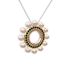 Velinda İnci Kolye - Pembe inci, ametist ve siyah zirkon 8 ayar altın kolye (40 cm beyaz altın rolo zincir) #1dqre23