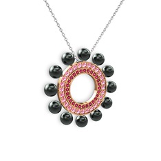Siyah inci, rodolit garnet ve pembe kuvars 8 ayar rose altın kolye (40 cm beyaz altın rolo zincir)