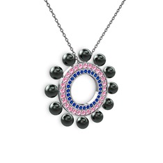 Velinda İnci Kolye - Siyah inci, lab safir ve pembe kuvars 8 ayar beyaz altın kolye (40 cm gümüş rolo zincir) #1e8by83