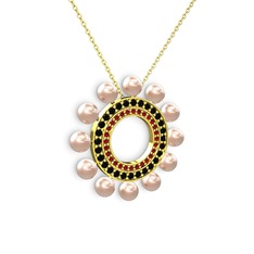 Velinda İnci Kolye - Pembe inci, garnet ve siyah zirkon 14 ayar altın kolye (40 cm altın rolo zincir) #1end0qw