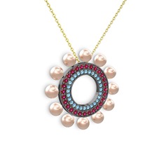 Velinda İnci Kolye - Pembe inci, akuamarin ve rodolit garnet 925 ayar siyah rodyum kaplama gümüş kolye (40 cm altın rolo zincir) #1epired