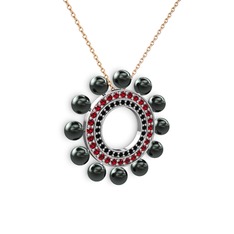 Velinda İnci Kolye - Siyah inci, siyah zirkon ve garnet 18 ayar beyaz altın kolye (40 cm rose altın rolo zincir) #1eq0wno
