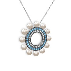 Velinda İnci Kolye - Inci, swarovski ve akuamarin 925 ayar siyah rodyum kaplama gümüş kolye (40 cm gümüş rolo zincir) #1fpu4th