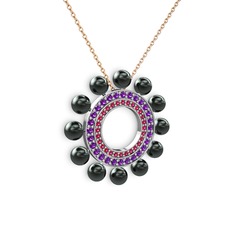 Siyah inci, rodolit garnet ve ametist 18 ayar beyaz altın kolye (40 cm rose altın rolo zincir)