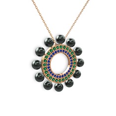 Siyah inci, lab safir ve yeşil kuvars 925 ayar rose altın kaplama gümüş kolye (40 cm rose altın rolo zincir)