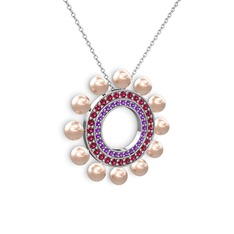 Velinda İnci Kolye - Pembe inci, ametist ve rodolit garnet 14 ayar beyaz altın kolye (40 cm beyaz altın rolo zincir) #1fy3edh