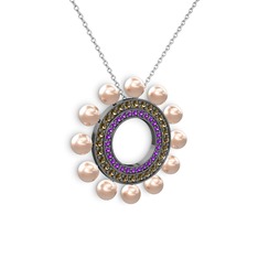 Velinda İnci Kolye - Pembe inci, ametist ve dumanlı kuvars 925 ayar siyah rodyum kaplama gümüş kolye (40 cm beyaz altın rolo zincir) #1fy71wg