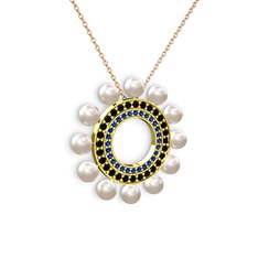 Velinda İnci Kolye - Inci, lab safir ve siyah zirkon 925 ayar altın kaplama gümüş kolye (40 cm rose altın rolo zincir) #1gka96s