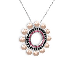 Velinda İnci Kolye - Pembe inci, rodolit garnet ve siyah zirkon 14 ayar beyaz altın kolye (40 cm gümüş rolo zincir) #1gqzaux