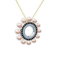 Velinda İnci Kolye - Pembe inci, akuamarin ve siyah zirkon 8 ayar beyaz altın kolye (40 cm gümüş rolo zincir) #1grytew