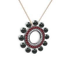 Velinda İnci Kolye - Siyah inci, pırlanta ve garnet 925 ayar siyah rodyum kaplama gümüş kolye (0.42 karat, 40 cm rose altın rolo zincir) #1hst6oi