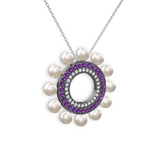 Velinda İnci Kolye - Inci, swarovski ve ametist 925 ayar siyah rodyum kaplama gümüş kolye (40 cm beyaz altın rolo zincir) #1hxl0fe
